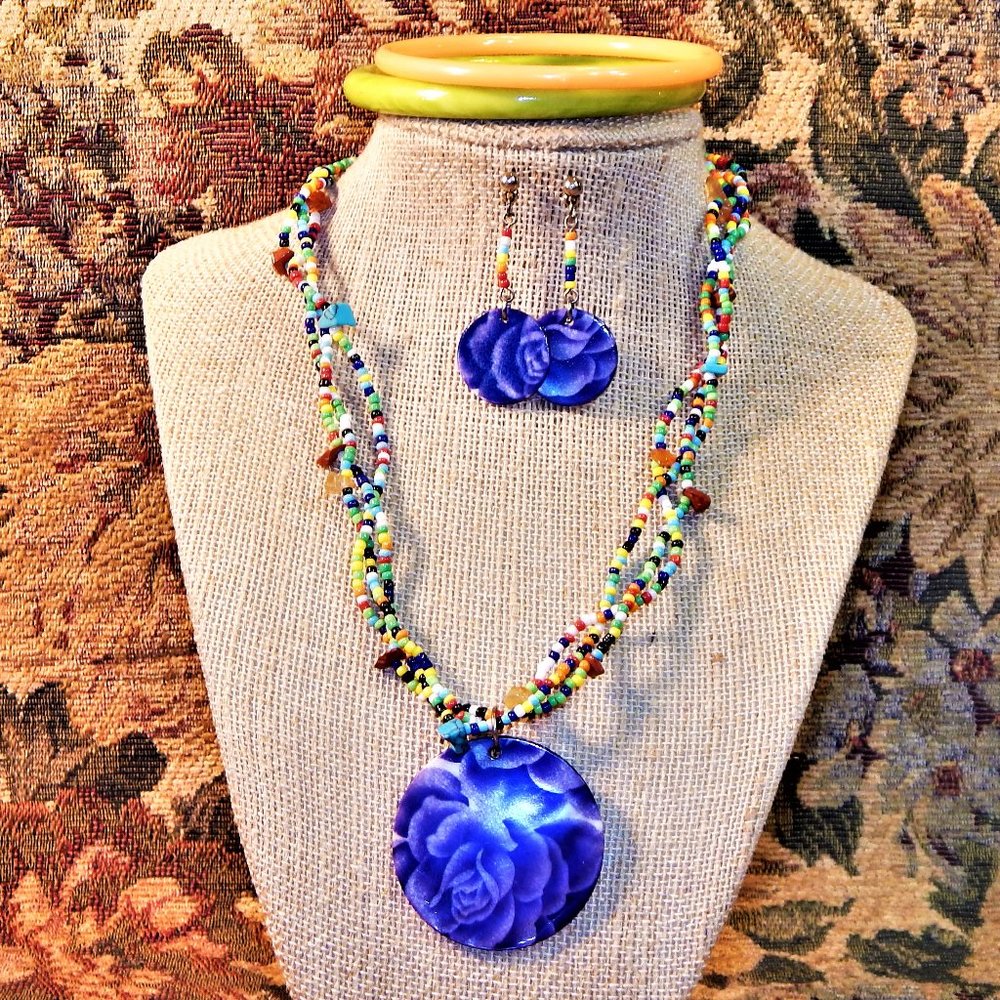 BoHo Blue Rose Beaded Necklace & Earrings w/Bangle